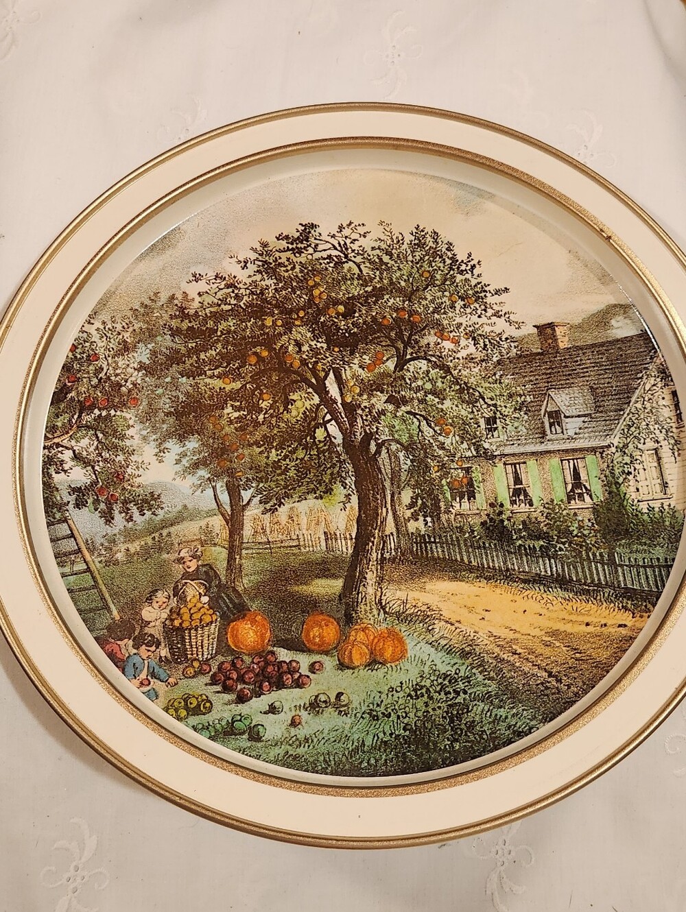Vintage Currier Ives Autumn House Pumpkin Metal Tin Serving Tray 14 1/2"
